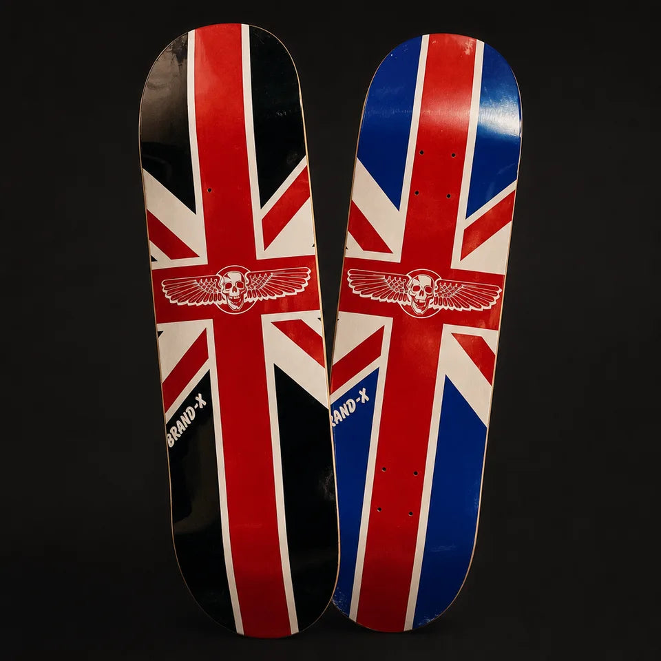 Matched pair of custom printed skateboard decks manufactured for a brand line