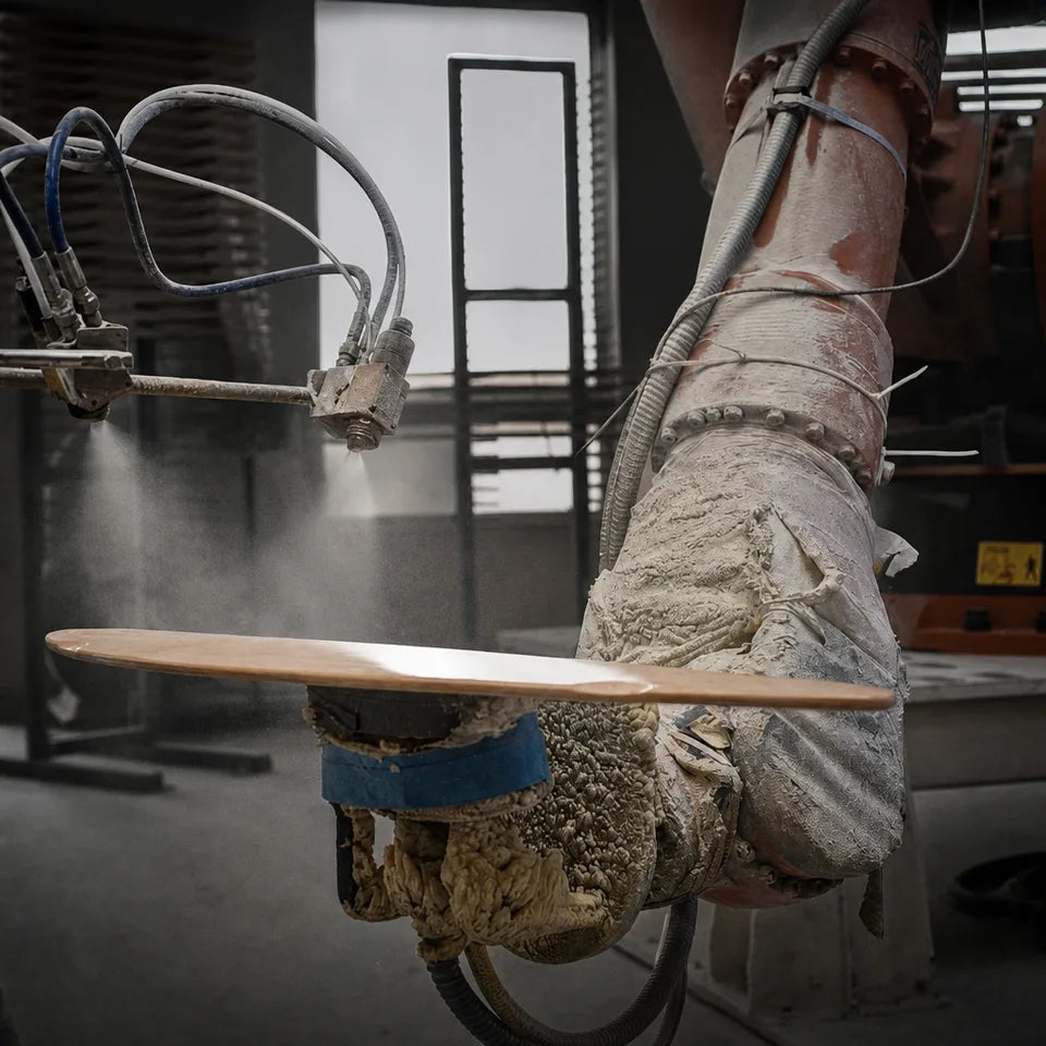 Robotic arm spray-finishing a skateboard deck