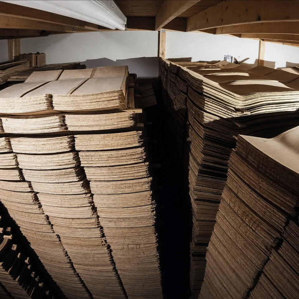 Warehouse stacks of pressed Canadian maple skateboard decks ready for shops