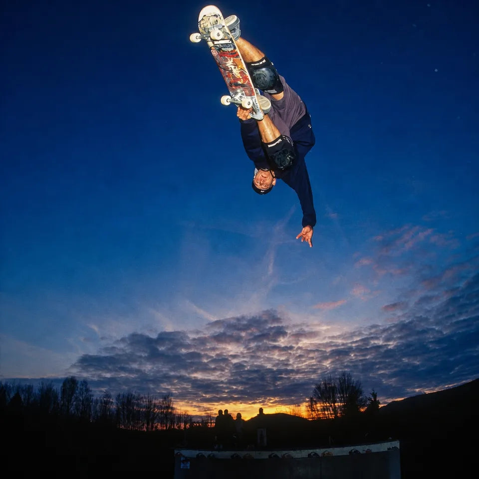 Pro vert skater mid backside air at a sunset skateboard contest